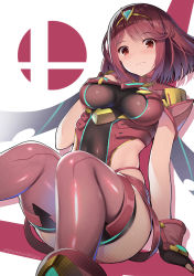 Rule 34 | 1girl, arm at side, armor, black gloves, blush, breasts, closed mouth, commentary request, feet out of frame, fingerless gloves, gloves, hand on own chest, highres, impossible clothes, large breasts, looking at viewer, migumigu, nintendo, pyra (xenoblade), red eyes, red hair, red shorts, red thighhighs, short hair, short shorts, shorts, shoulder armor, sitting, skindentation, smile, solo, super smash bros., super smash bros. logo, swept bangs, thighhighs, tiara, twitter username, wrist guards, xenoblade chronicles (series), xenoblade chronicles 2