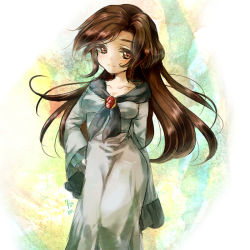 Rule 34 | 1girl, breasts, brooch, brown hair, collarbone, dated, dress, hands on own hips, hisagifuro, humanization, imaizumi kagerou, jewelry, long hair, long sleeves, looking at viewer, medium breasts, messy hair, personification, red eyes, simple background, smile, solo, standing, touhou, white dress