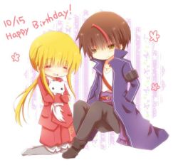 Rule 34 | 07th expansion, 2boys, ^ ^, armband, bad id, bad twitter id, blonde hair, brown hair, cat, chibi, closed eyes, coat, diana (umineko), closed eyes, hands in pockets, happy birthday, kneeling, multicolored hair, multiple boys, no naku koro ni (series), okuo, open mouth, ponytail, sitting, smile, streaked hair, two-tone hair, umineko no naku koro ni, ushiromiya lion, white cat, willard h. wright, yellow eyes