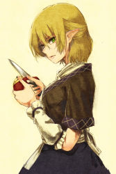 Rule 34 | 1girl, apple, arm warmers, blonde hair, blue skirt, breasts, brown shirt, food, from side, fruit, green eyes, half updo, holding, holding food, holding fruit, knife, medium breasts, mizuhashi parsee, pointy ears, sash, scarf, shirt, simple background, skirt, solo, touhou, upper body, urin, white scarf