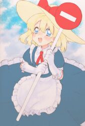Rule 34 | 1girl, :d, absurdres, apron, blonde hair, blue dress, blue eyes, blue sky, bow, cloud, cloudy sky, collared dress, cowboy shot, dress, elbow gloves, frilled apron, frilled dress, frilled gloves, frills, gloves, hat, hat bow, highres, kana anaberal, medium hair, neck ribbon, no parking sign, open mouth, puffy short sleeves, puffy sleeves, red bow, ribbon, rokisomg, short sleeves, sky, smile, solo, sun hat, touhou, touhou (pc-98), white apron, white gloves
