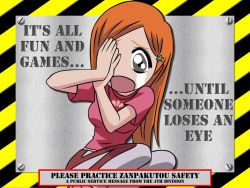 Rule 34 | 1girl, bleach, breasts, english text, inoue orihime, large breasts, long hair, open mouth, orange hair, pink shirt, public service announcement, sad, shirt, solo, tears