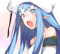 Rule 34 | 1girl, angry, bare shoulders, blue eyes, blue hair, blush, forehead jewel, gradient background, hat, kalar (race), long hair, looking at viewer, open mouth, pastel kalar, pointy ears, rance (series), rance quest, shikosour, simple background, solo