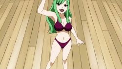 Rule 34 | 1girl, animated, animated gif, bikini, bisca mulan, black eyes, bouncing breasts, breasts, cleavage, fairy tail, green hair, gun, large breasts, lipstick, long hair, lowres, makeup, mature female, navel, purple bikini, rifle, sniper rifle, solo, swimsuit, weapon