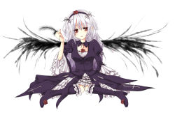 Rule 34 | 00s, boots, brown eyes, doll joints, dress, feathers, frills, hairband, highres, joints, knee boots, long hair, rozen maiden, silver hair, suigintou, umi (umi02), wings