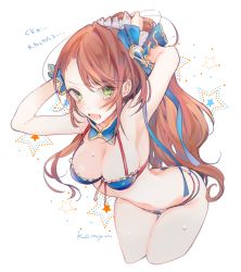 Rule 34 | 10s, 1girl, arched back, ass, beatrix (granblue fantasy), blush, bow, breasts, brown eyes, brown hair, butt crack, cleavage, downpants, granblue fantasy, hair bow, komyu (masheri), large breasts, long hair, looking at viewer, navel, open mouth, ponytail, solo, swimsuit