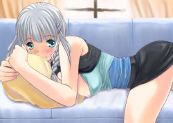 Rule 34 | 1girl, banpresto, bare shoulders, black skirt, blunt bangs, braid, breasts, camisole, cleavage, couch, curtains, green eyes, hoshikuzu junction, indoors, large breasts, looking at viewer, lying, miniskirt, nipple slip, nipples, hugging object, on stomach, pillow, pillow hug, seolla schweizer, silver hair, skirt, solo, super robot wars, thighs, window