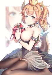 Rule 34 | 1girl, absurdres, bare shoulders, black thighhighs, blonde hair, blue eyes, bowsette, box, bracelet, breasts, cleavage, collar, crown, dated, dress, earrings, fang, from side, gift, gift box, gloves, heart, heart-shaped box, highres, holding, holding gift, horns, jewelry, jiaxi daze, large breasts, long hair, looking at viewer, mario (series), nintendo, ponytail, sitting, skirt, smile, solo, spiked bracelet, spiked collar, spikes, super crown, thighhighs, v-shaped eyebrows
