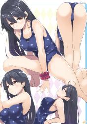 Rule 34 | 10s, 1girl, absurdres, ahoge, arched back, arm support, armpits, ass, bare legs, bare shoulders, barefoot, bent over, black hair, blue one-piece swimsuit, blush, breasts, brown eyes, closed eyes, feet, foreshortening, gintarou (kurousagi108), highres, kantai collection, large breasts, leaning back, legs, long hair, multiple views, one-piece swimsuit, open mouth, parted lips, polka dot, polka dot swimsuit, scan, scrunchie, smile, stretching, swimsuit, toes, ushio (kancolle), wrist scrunchie