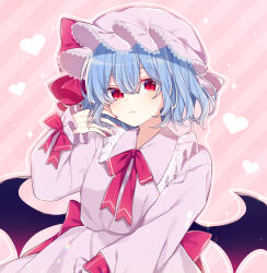 Rule 34 | 1girl, back bow, bat wings, blue hair, bow, closed mouth, collared shirt, diagonal stripes, frilled shirt collar, frilled sleeves, frills, frown, hair between eyes, hand on own face, hand up, hat, hat ribbon, heart, highres, long sleeves, looking at viewer, mob cap, neck ribbon, pink background, pink hat, pink shirt, pink skirt, red bow, red eyes, red nails, red ribbon, remilia scarlet, ribbon, shirt, short hair, skirt, skirt set, solo, sparkle, striped, striped background, touhou, upper body, wings, yurui tuhu