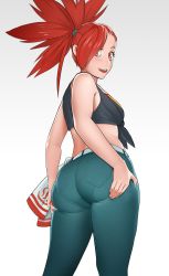 Rule 34 | 1girl, ass, ass grab, belt, black shirt, blush, creatures (company), crop top, denim, flannery (pokemon), game freak, grabbing own ass, highres, jeans, long hair, looking at viewer, looking back, nintendo, open mouth, pants, pantylines, pokemon, pokemon oras, ponytail, red eyes, red hair, shirt, smile, solo, tenguro, tied shirt, tight clothes, tight pants, white background