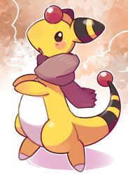 Rule 34 | ampharos, blush, brown scarf, clothed pokemon, creatures (company), full body, game freak, gen 2 pokemon, looking at viewer, nintendo, no humans, open mouth, pokemon, pokemon (creature), scarf, solo, tansho