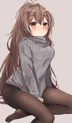 Rule 34 | 1girl, between legs, blush, brown eyes, brown hair, brown pantyhose, closed mouth, commentary, feather hair ornament, feathers, foot out of frame, grey sweater, hair between eyes, hair ornament, hand between legs, highres, hololive, hololive english, long hair, long sleeves, looking at viewer, multicolored hair, nanashi mumei, no shoes, pantyhose, shuuzo3, simple background, sitting, solo, streaked hair, sweater, turtleneck, turtleneck sweater, very long hair, virtual youtuber, white hair