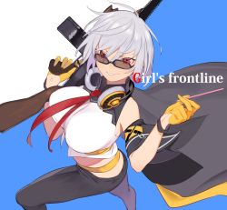 Rule 34 | 1girl, beijuu, black pants, blue background, breasts, collared shirt, commentary, copyright name, crop top, food, girls&#039; frontline, gloves, grey hair, gun, headphones, headphones around neck, holding, holding gun, holding weapon, jacket, large breasts, lips, looking at viewer, looking over eyewear, looking over glasses, midriff, necktie, off shoulder, pants, pocky, red eyes, red necktie, shirt, short hair, simple background, sleeveless, sleeves rolled up, smirk, solo, strawberry pocky, sunglasses, thompson (girls&#039; frontline), tinted eyewear, weapon, yellow gloves