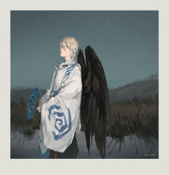 Rule 34 | 1boy, black wings, border, expressionless, field, hand fan, hjl, japanese clothes, looking at viewer, male focus, night, night sky, onmyoji, outdoors, paper fan, reflection, signature, sky, solo, tengu, water, white border, white hair, wide sleeves, wings