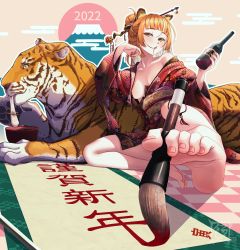 Rule 34 | 1girl, alcohol, animal ears, barefoot, between toes, blush, bottle, brush, feet, highres, japanese clothes, long hair, looking at viewer, new year, orange hair, parted lips, scroll, soles, tiger, toes, wine, wine bottle, yellow eyes