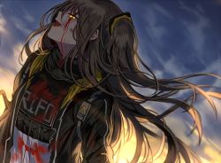 Rule 34 | backlighting, bleeding, blood, blood on clothes, blue sky, brown hair, clothes writing, cloud, damaged, girls&#039; frontline, hair between eyes, hair ornament, jacket, long hair, looking at viewer, one side up, open mouth, outdoors, scar, scar across eye, scar on face, scarf, shirt, silence girl, sky, smile, solo, sunset, torn clothes, ump45 (girls&#039; frontline), upper body, yellow eyes, yellow sky