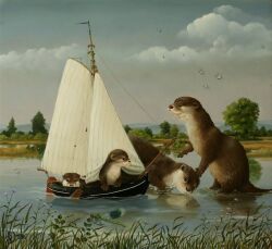 Rule 34 | animal focus, boat, bug, cloud, cloudy sky, commentary request, commission, dated, dragonfly, dutch commentary, insect, nature, no humans, original, otter, outdoors, painting (medium), realistic, scenery, sky, suzan visser, traditional media, wading, water, watercraft