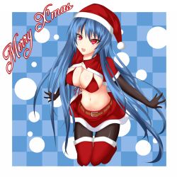 Rule 34 | 1girl, alternate breast size, belt, bikini, bikini top only, black gloves, blue hair, boots, breasts, christmas, cleavage, elbow gloves, female focus, front-tie top, gloves, gmot, hat, highres, hinanawi tenshi, kneeling, large breasts, long hair, merry christmas, midriff, open mouth, pantyhose, red bikini, red eyes, santa boots, santa costume, santa hat, skirt, solo, swimsuit, thigh boots, thighhighs, touhou, very long hair