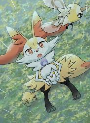 Rule 34 | absurdres, animal focus, black fur, blank eyes, body fur, braixen, creatures (company), cutiefly, day, fang, fire, flying, from above, full body, game freak, gen 5 pokemon, gen 6 pokemon, gen 7 pokemon, grass, green background, highres, joltik, litwick, looking at another, looking up, matata, nintendo, on ground, on lap, open mouth, outdoors, pokemon, pokemon (creature), pokemon on lap, purple fire, rain, red eyes, sitting, snout, straight-on, white fur, yellow eyes, yellow fur
