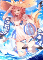 Rule 34 | &gt;;d, 1girl, ;d, animal ears, animal print, arm up, ball, beachball, bikini, bird, blue bikini, blue sky, bracelet, breasts, cleavage, cloud, collarbone, day, ears through headwear, fang, fate/grand order, fate (series), fox ears, fox tail, fujimaru ritsuka (female), groin, hat, highres, holding, innertube, jewelry, large breasts, lens flare, long hair, looking at viewer, motion blur, nahaki, necklace, one eye closed, open mouth, outdoors, pink hair, riyo (lyomsnpmp) (style), see-through, shirt, side-tie bikini bottom, signature, sky, smile, solo, sparkle, standing, straw hat, sun hat, swim ring, swimsuit, tail, tamamo (fate), tamamo no mae (fate/extra), tamamo no mae (swimsuit lancer) (fate), tamamo no mae (swimsuit lancer) (second ascension) (fate), v-shaped eyebrows, wading, water, water drop, wet, wet clothes, wet shirt, yellow eyes
