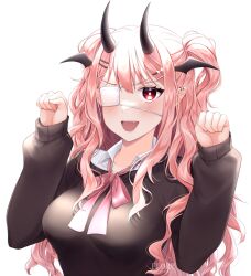 Rule 34 | 1girl, artist name, bat wings, black horns, black sweater, bow, bowtie, character request, collarbone, collared shirt, commentary, commission, demon horns, eloru, english commentary, eyelashes, eyepatch, fang, hair bow, hair ornament, hairclip, head wings, horns, indie virtual youtuber, long hair, long sleeves, looking at viewer, medical eyepatch, one-eyed, open mouth, paw pose, pink bow, pink bowtie, pink hair, pointy ears, red eyes, shirt, sidelocks, simple background, sleeves past wrists, smile, solo, sweater, teeth, two side up, upper body, upper teeth only, v-shaped eyebrows, virtual youtuber, watermark, wavy hair, white background, white bow, white shirt, wings, x hair ornament