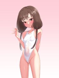 Rule 34 | 1girl, absurdres, bare shoulders, blush, breasts, brown eyes, brown hair, closed mouth, collarbone, covered navel, frown, gradient background, groin, hand up, highres, iino miko, kaguya-sama wa kokurasetai ~tensai-tachi no renai zunousen~, long hair, looking at viewer, low twintails, moriforests, shiny skin, simple background, small breasts, solo, twintails, white swimsuit