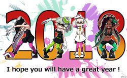 Rule 34 | + +, 2018, 4girls, ankle boots, arms up, artist name, black dress, black footwear, black gloves, black hair, black jumpsuit, black shirt, black shorts, black skin, boots, breasts, brown eyes, callie (splatoon), cleavage, closed mouth, colored skin, commentary request, cousins, crop top, crown, dark-skinned female, dark skin, detached collar, dress, earrings, english text, fingerless gloves, food, food on head, gloves, green eyes, green legwear, grey hair, inkling, jewelry, jumpsuit, leaning forward, leaning to the side, long hair, looking at viewer, marie (splatoon), marina (splatoon), medium breasts, midriff, mole, mole under eye, mole under mouth, multicolored hair, multiple girls, navel, new year, nintendo, object on head, octoling, open mouth, own hands together, paint splatter, pantyhose, pantyhose under shorts, pearl (splatoon), pointy ears, purple legwear, shirt, short dress, short hair, short jumpsuit, shorts, signature, sleeveless, sleeveless dress, smile, splatoon (series), splatoon 1, splatoon 2, squatting, standing, strapless, strapless dress, streaked hair, sushi, sweatdrop, tentacle hair, unworn headwear, usa (dai9c carnival), watermark, white dress, white footwear, white gloves, white hair, zipper pull tab