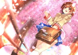 Rule 34 | 1girl, :d, antenna hair, bag, bloom, blue skirt, blurry, blush, breasts, brown bag, brown eyes, brown hair, cherry blossoms, clannad, commentary request, day, depth of field, dutch angle, eyelashes, falling petals, feet out of frame, fingernails, foreshortening, from below, furukawa nagisa, hair between eyes, hair ornament, hairclip, hand up, highres, holding, holding bag, jacket, lens flare, long sleeves, looking at viewer, looking down, medium breasts, medium hair, miniskirt, open mouth, outdoors, petals, pleated skirt, shinonome mozuku, skirt, smile, socks, solo, standing, tree, white socks, wind, wind lift, yellow jacket