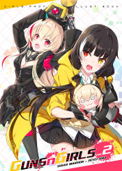 Rule 34 | 2girls, banana (girls&#039; frontline), black hair, blonde hair, blush, breasts, cleavage, commentary request, dinergate (girls&#039; frontline), english text, girls&#039; frontline, heterochromia, jacket, long hair, m4 sopmod ii (girls&#039; frontline), m4 sopmod ii jr, mechanical arms, medium breasts, multicolored hair, multiple boys, multiple girls, necktie, o o, open mouth, red eyes, red hair, ress, ro635 (girls&#039; frontline), single mechanical arm, smile, streaked hair, white hair, yellow eyes