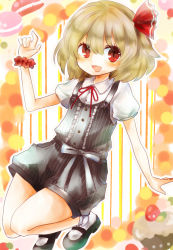 Rule 34 | 1girl, adapted costume, blonde hair, cake, cookie, food, hair ribbon, looking at viewer, maru usagi, open mouth, puffy sleeves, red eyes, ribbon, rumia, shirt, short sleeves, shorts, smile, solo, touhou, vest, wrist cuffs