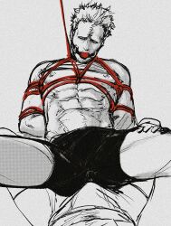 Rule 34 | 2boys, abs, arms behind back, bad id, bad twitter id, ball gag, bara, bdsm, boku no hero academia, bound, boxers, bubaigawara jin, bulge, bulge to ass, cowboy shot, gag, gagged, greyscale, highres, male focus, male underwear, monochrome, multiple boys, navel, nipples, pectorals, red rope, rope, shibari, short hair, smokerichi, solo focus, spot color, spread legs, thighs, toned, underwear, unfinished
