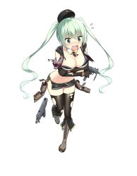 Rule 34 | &gt;:o, 1girl, :o, aqua eyes, aqua hair, belt, black gloves, blush, boots, breast hold, breasts, cleavage, cleavage cutout, clothing cutout, detached sleeves, eyebrows, finger on trigger, flying sweatdrops, full body, girls&#039; frontline, gloves, gun, hat, highres, holding, holding gun, holding weapon, holster, large breasts, leg up, long sleeves, long twintails, looking away, machine pistol, micro uzi (girls&#039; frontline), navel, necktie, nose blush, official art, open mouth, personification, short shorts, shorts, sky-freedom, solo, submachine gun, surprised, sweat, thighhighs, torn clothes, torn necktie, torn shorts, torn thighhighs, transparent background, twintails, uzi, v-shaped eyebrows, weapon