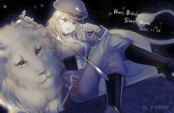 Rule 34 | 1girl, artist name, blue eyes, character name, corset, dated, happy birthday, hat, holding, holding riding crop, holding whip, kimidori (kimidoriri), lion, long hair, looking at viewer, macross, macross frontier, monochrome, riding crop, sheryl nome, sitting, smile, solo, spot color, uniform