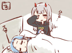 Rule 34 | 2girls, = =, artist name, assault lily, bed, black hoodie, blanket, blue hair, blush, brown background, character print, chibi, closed mouth, commentary, don quijote (store), donpen, fujita asagao, gochisousama (tanin050), grey hair, hair down, hand up, hood, hood down, hoodie, horns, igusa subaru, lifting covers, long hair, long sleeves, lying, motion lines, multiple girls, on bed, on side, parted bangs, parted lips, pillow, print hoodie, red horns, rubbing eyes, sleeping, sleepy, smile, standing, translated, two-tone background, under covers, white background