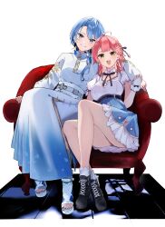 Rule 34 | 2girls, absurdres, ahoge, arm around neck, aya02ka, black footwear, blue eyes, blue hair, blue nails, blue skirt, bob cut, commentary request, full body, green eyes, grin, hair ornament, highres, hololive, hoshimachi suisei, hoshimachi suisei (8th costume), hoshimachi suisei (oriental suit), jacket, long hair, long sleeves, looking at viewer, multiple girls, nail polish, official alternate costume, official alternate hairstyle, open mouth, pink hair, puffy short sleeves, puffy sleeves, sakura miko, sakura miko (street), short sleeves, simple background, sitting, skirt, smile, star (symbol), star in eye, striped clothes, striped skirt, swept bangs, symbol in eye, teeth, toeless footwear, toenail polish, toenails, vertical-striped clothes, vertical-striped skirt, virtual youtuber, white background, white jacket