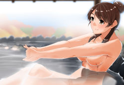 Rule 34 | 1girl, bathing, brave witches, breasts, brown eyes, brown hair, groin, hair bun, highres, hiroshi (hunter-of-kct), karibuchi takami, large breasts, long hair, nude, onsen, partially submerged, scar, sidelocks, single hair bun, sitting, smile, solo, steam, stretching, strike witches, underwear, weapon, world witches series