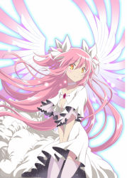 Rule 34 | 10s, 1girl, ayukko (forest village), bow, choker, dress, hair bow, kaname madoka, long hair, mahou shoujo madoka magica, mahou shoujo madoka magica (anime), piitan aratame, pink hair, short twintails, solo, spoilers, twintails, two side up, ultimate madoka, wings, yellow eyes