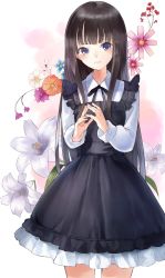 Rule 34 | 1girl, absurdres, bad id, bad pixiv id, black dress, blue flower, blush, brown hair, commentary request, dress, flower, frilled dress, frills, hands up, highres, long hair, long sleeves, looking at viewer, orange flower, original, own hands together, parted lips, pink flower, puffy long sleeves, puffy sleeves, purple eyes, purple flower, red flower, shii (kairi-t-k0317), shirt, sleeveless, sleeveless dress, smile, solo, very long hair, white flower, white shirt