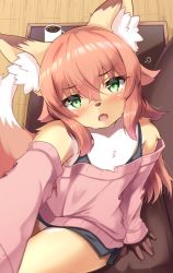 Rule 34 | 1boy, an choby, animal ears, black shorts, blush, cup, dolphin shorts, fang, foreshortening, fox boy, fox ears, furry, furry male, green eyes, highres, indoors, looking at viewer, male focus, mug, off-shoulder sweater, off shoulder, open mouth, original, pink hair, pink sweater, selfie, shorts, solo, sweater, trap, wooden floor