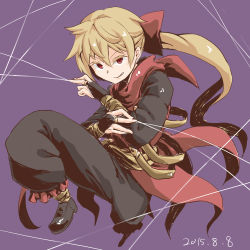Rule 34 | 1girl, adapted costume, blonde hair, bow, full body, hair bow, kurodani yamame, pants, ponytail, purple background, raised eyebrows, red eyes, scarf, silk, solo, spider web, the maa, thread, touhou