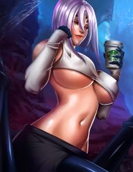 Rule 34 | 10s, 1girl, breasts, claws, coffee, coffee cup, cup, disposable cup, highres, arthropod girl, large breasts, monster girl, monster musume no iru nichijou, purple hair, rachnera arachnera, red eyes, short hair, solo, spider girl, starbucks, underboob