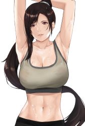 Rule 34 | 1girl, alternate costume, armpits, arms up, bare shoulders, breasts, brown eyes, brown hair, cleavage, earrings, final fantasy, final fantasy vii, final fantasy vii remake, high ponytail, j@ck, jewelry, large breasts, long hair, looking at viewer, midriff, navel, parted lips, pink lips, shirt, sidelocks, square enix, sweat, swept bangs, tank top, taut clothes, taut shirt, tifa lockhart, toned, very long hair