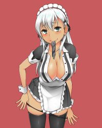Rule 34 | 1girl, alternate hair color, alternate skin color, apron, aqua eyes, black thighhighs, blush, breasts, cleavage, cowboy shot, dark-skinned female, dark skin, hair between eyes, hair ornament, hairclip, kantai collection, large breasts, long hair, looking at viewer, maid, maid headdress, moshi (atelier33-4), panties, panty pull, pulled by self, red background, short sleeves, silver hair, simple background, smile, solo, suzuya (kancolle), sweat, thighhighs, underwear, undressing, wrist cuffs, zettai ryouiki