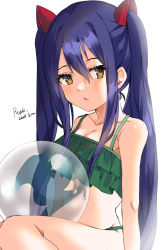 Rule 34 | 1girl, 2020, ball, bare arms, bare legs, bikini, blue hair, blush, breasts, brown eyes, cleavage, collarbone, fairy tail, green bikini, hair between eyes, hair ornament, long hair, navel, open mouth, ruruka pr, shiny skin, signature, sitting, small breasts, solo, swimsuit, triangle mouth, twintails, very long hair, wendy marvell, white background