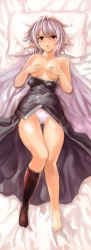 Rule 34 | 1girl, artemisia (pixiv fantasia), bare legs, barefoot, black socks, blush, clothes pull, covering privates, covering breasts, d:, dakimakura (medium), dress pull, edobox, feet, full body, highres, kneehighs, legs together, long hair, lying, no shoes, on back, open mouth, panties, pillow, pixiv fantasia, pixiv fantasia 2, pointy ears, red eyes, single sock, socks, solo, sweat, thigh gap, underwear, very long hair, white panties