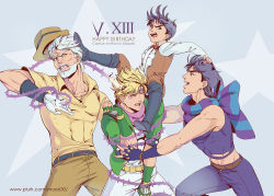 Rule 34 | 4boys, aged down, aged up, beard, blonde hair, blue hair, blue scarf, boots, bow, bowtie, caesar anthonio zeppeli, character name, child, commentary request, dual persona, facial hair, fingerless gloves, formal, gloves, green eyes, happy birthday, hat, headband, hermit purple, jojo no kimyou na bouken, joseph joestar, joseph joestar (old), joseph joestar (young), kicking, knee boots, m (cat921911), multicolored clothes, multicolored scarf, multiple boys, photoshop (medium), purple scarf, scarf, scarf bow, sitting on shoulder, stand (jojo), striped clothes, striped scarf, time paradox, watermark, web address, white gloves, white hair