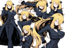 Rule 34 | 1girl, black coat, black pants, blonde hair, breasts, cleavage, coat, creatures (company), cynthia (pokemon), fur collar, fur trim, game freak, grey eyes, hair ornament, hair over one eye, highres, large breasts, long hair, long sleeves, looking at viewer, multiple views, nintendo, open mouth, own hands together, pants, parted lips, pokemon, pokemon dppt, shimure (460), sidelocks, simple background, smile, smirk, standing, swept bangs, very long hair, white background