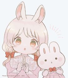 Rule 34 | 1girl, :o, animal ear fluff, animal ears, artist name, ayu (mog), blonde hair, blush, blush stickers, bow, bowtie, bright pupils, center frills, collared dress, commentary, commentary request, dress, english commentary, frilled shirt collar, frills, gradient eyes, green eyes, hair bow, hands up, juliet sleeves, long sleeves, looking at viewer, low twintails, mixed-language commentary, multicolored eyes, notice lines, open mouth, original, parted bangs, pink dress, puffy sleeves, rabbit, rabbit ears, red bow, red bowtie, red eyes, short twintails, sidelocks, simple background, sleeve cuffs, solid circle eyes, swept bangs, twintails, upper body, watermark, white background, white pupils