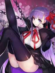 Rule 34 | 1girl, ass, bb (fate), bb (fate/extra), black skirt, black thighhighs, blurry, blurry background, breasts, chain, closed mouth, fate/extra, fate/extra ccc, fate (series), flower, gloves, hair ribbon, half updo, hand on own chin, high-waist skirt, highres, large breasts, leg up, legs up, long hair, long sleeves, looking at viewer, panties, pantyshot, pleated skirt, popped collar, purple background, purple eyes, purple hair, red ribbon, revision, ribbon, shirt, sitting, skirt, smile, solo, straight hair, taishi (picchiridou), thighhighs, thighs, underwear, upskirt, very long hair, white gloves, white panties, white shirt, wide sleeves